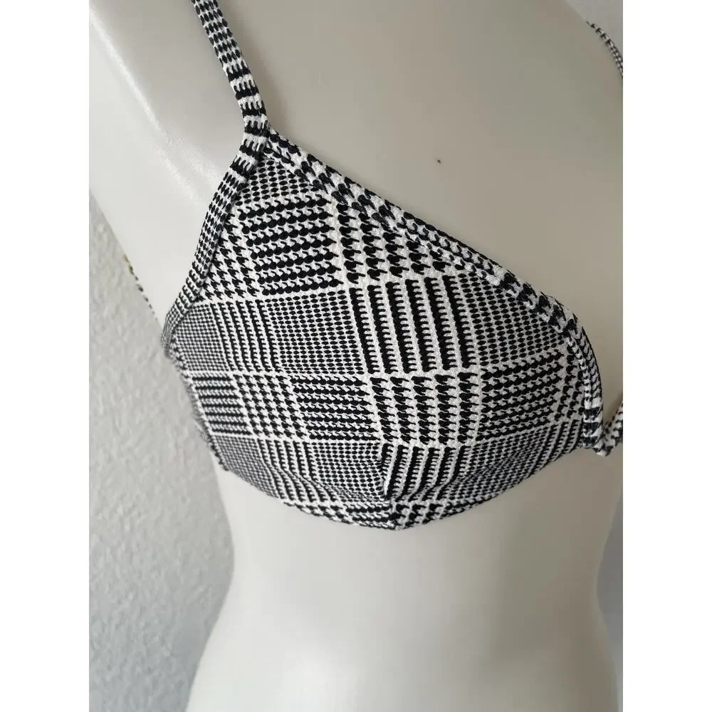 L*Space Swim Bikini Top Plunge Plaid Ivory Black Swimwear